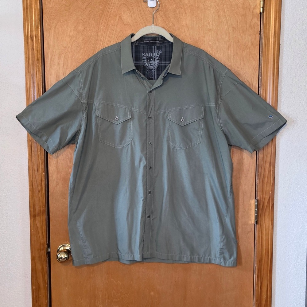 Kuhl Luxor Mens XXL Olive Green Micro Check Short Sleeve Button Down Shirt Gorp